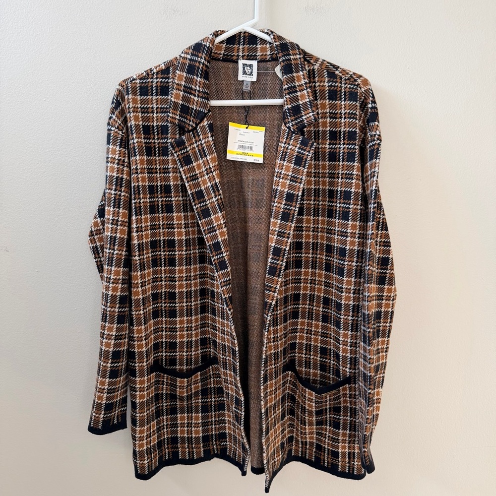 Anne Klein Plaid Open Front Cardigan Sweater - Black Multicolor, Sz M
